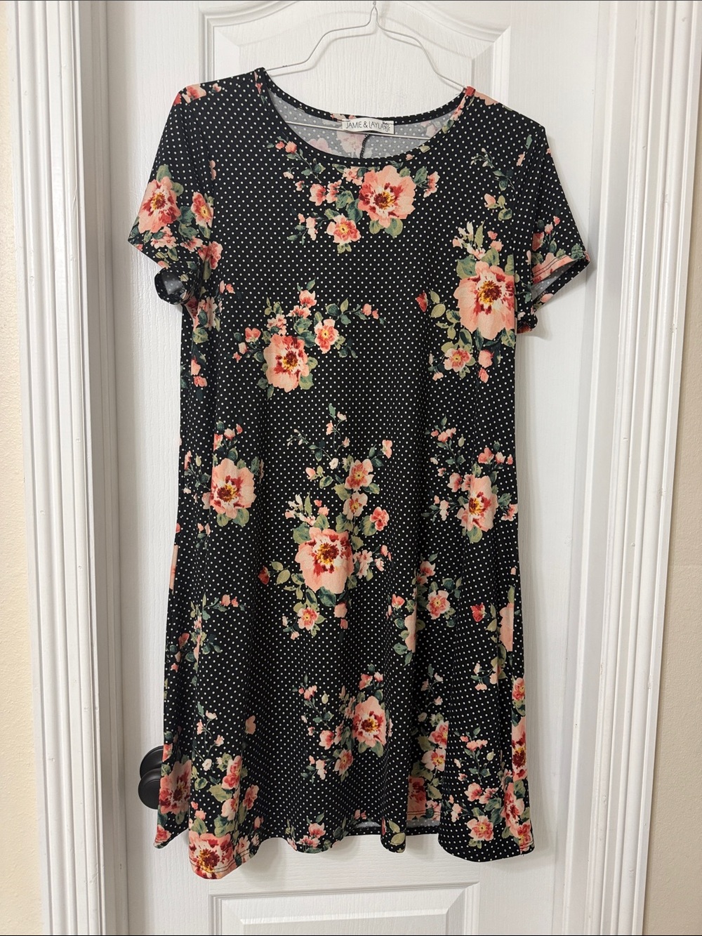 Jamie & Layla shift black white polka dot pink floral dress short sleeve L